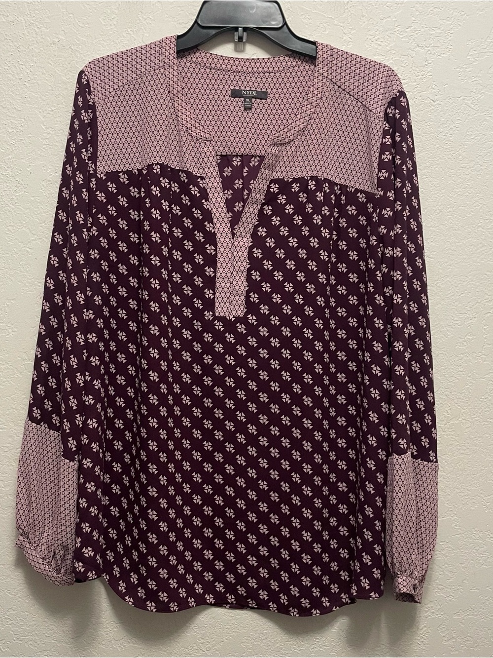 NYDJ Burgundy Boho Peasant Relaxed Fit Long Sleeve Patterned Tunic Top XL